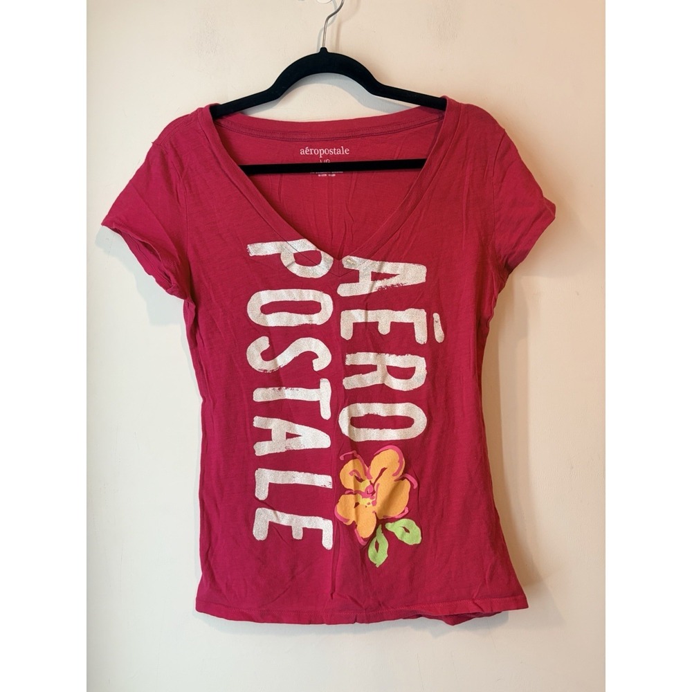 Y2K Aeropostale Pink Glitter Logo Graphic Tee Hibiscus V Neck Large